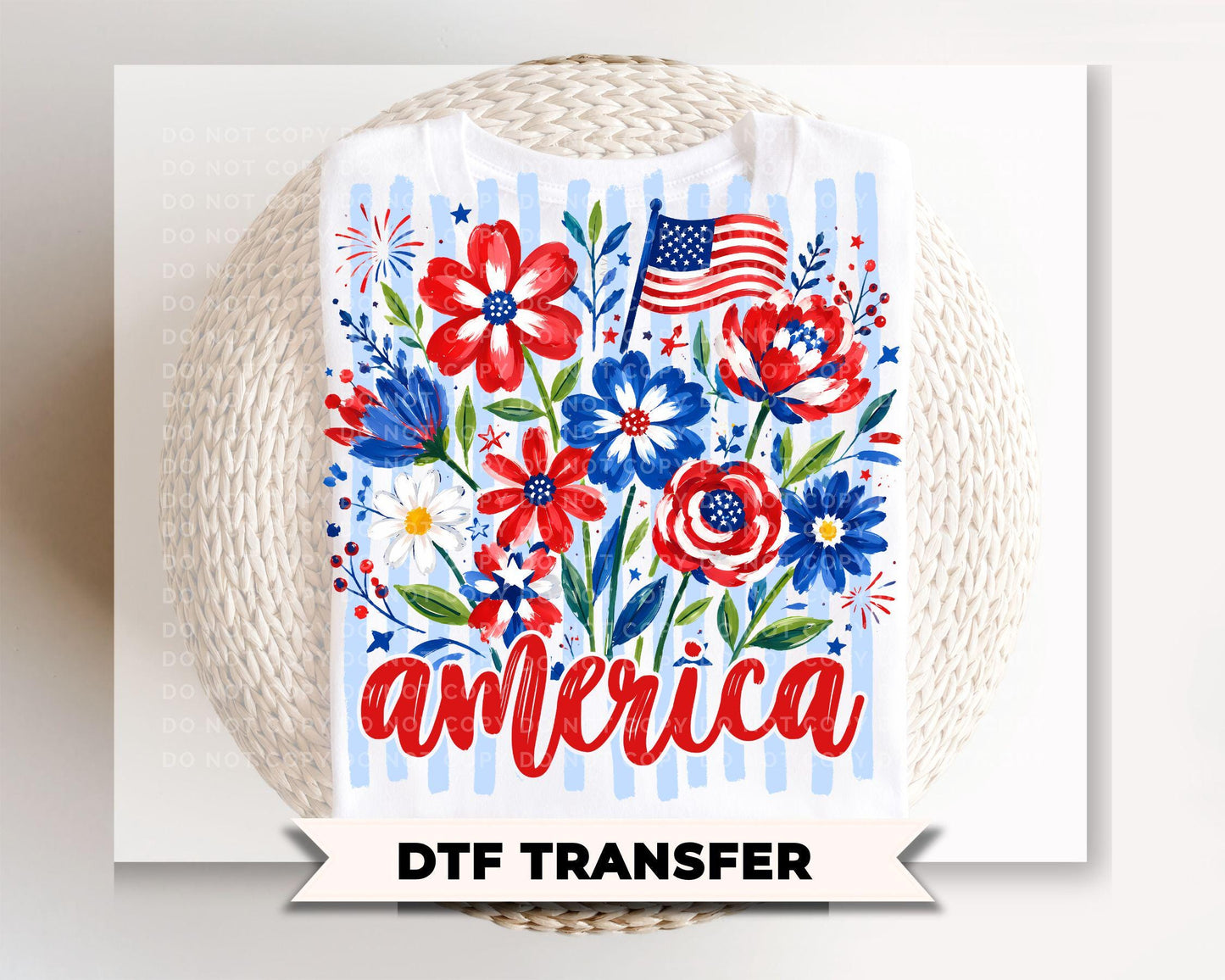 Striped Wildflower America DTF Transfer, Ready to Press, 4th of July Tshirt Design