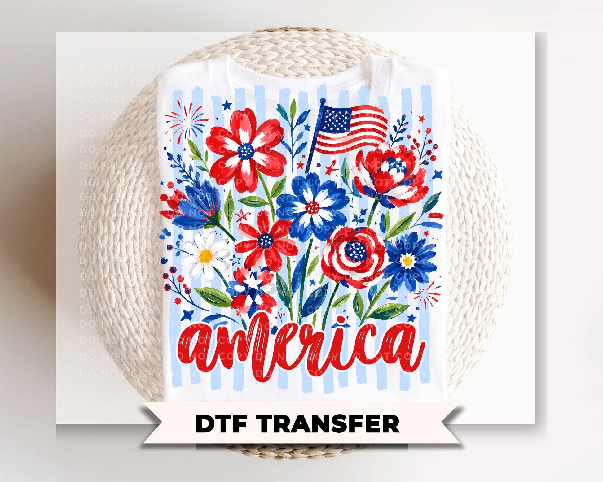 Striped Wildflower America DTF Transfer, Ready to Press, 4th of July Tshirt Design
