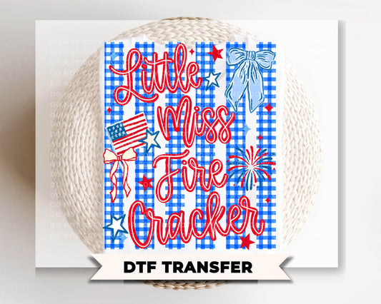 Little Miss Firecracker DTF Transfer, Ready to Press, Coquette 4th of July Tshirt Design