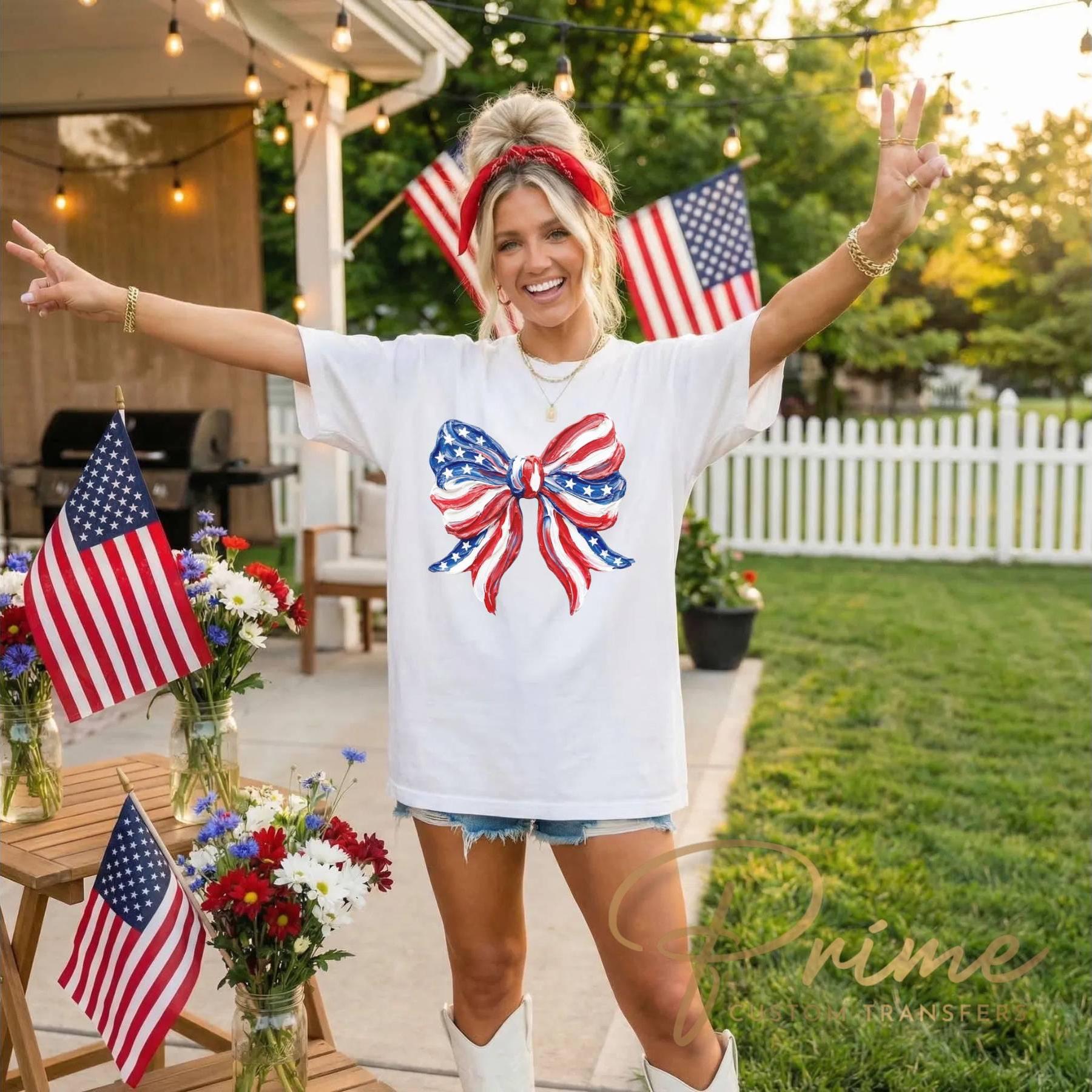 Patriotic Bow DTF Transfer, Ready to Press, Brushstroke 4th of July Tshirt Design