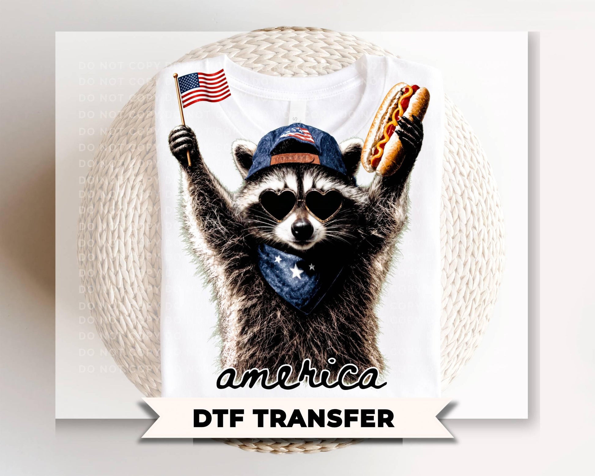 Patriotic Raccoon DTF Transfer, Ready to Press, Funny 4th of July Tshirt Design