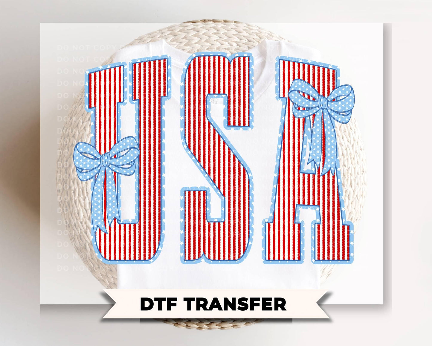 Seersucker Stripes USA with Bows DTF Transfer, 250 Anniversary, 4th of July Tshirt Design