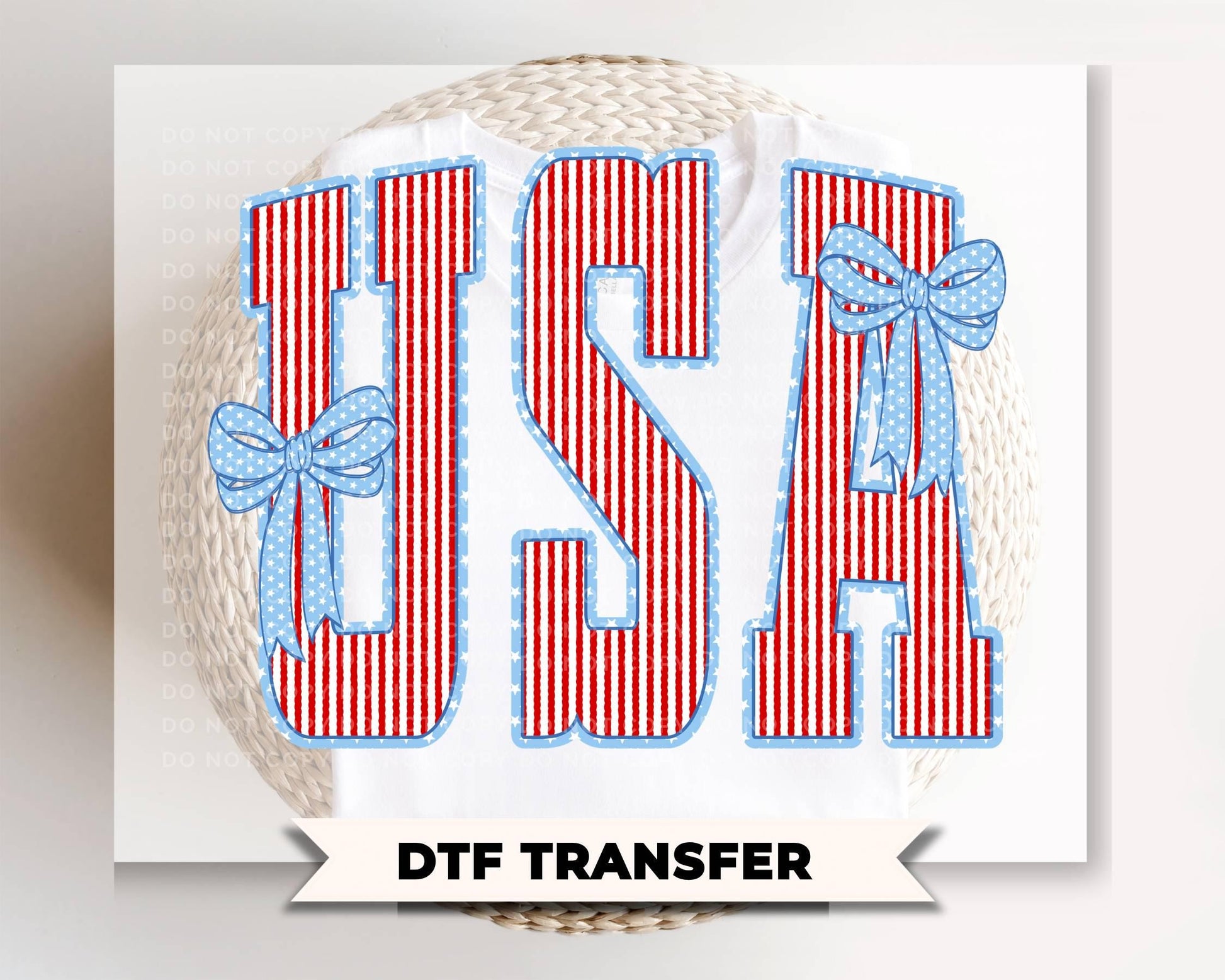 Seersucker Stripes USA with Bows DTF Transfer, 250 Anniversary, 4th of July Tshirt Design