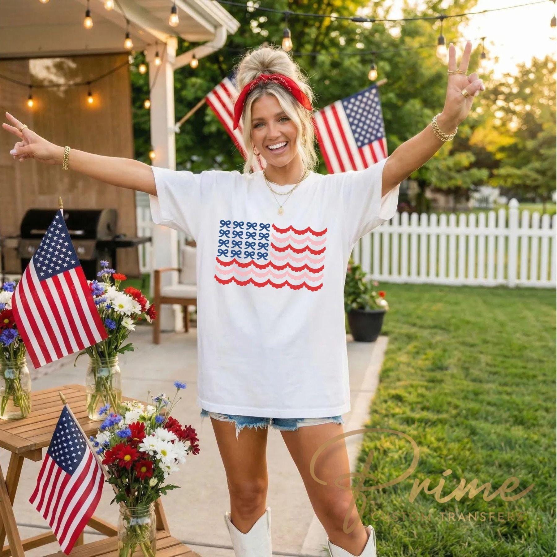 Bow Scalloped American Flag DTF Transfer, Ready to Press, 4th of July Tshirt Design