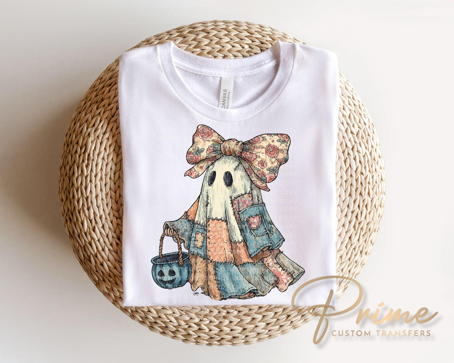 Patchwork Ghost DTF Transfer, Ready to Press, Trendy Halloween Tshirt Design