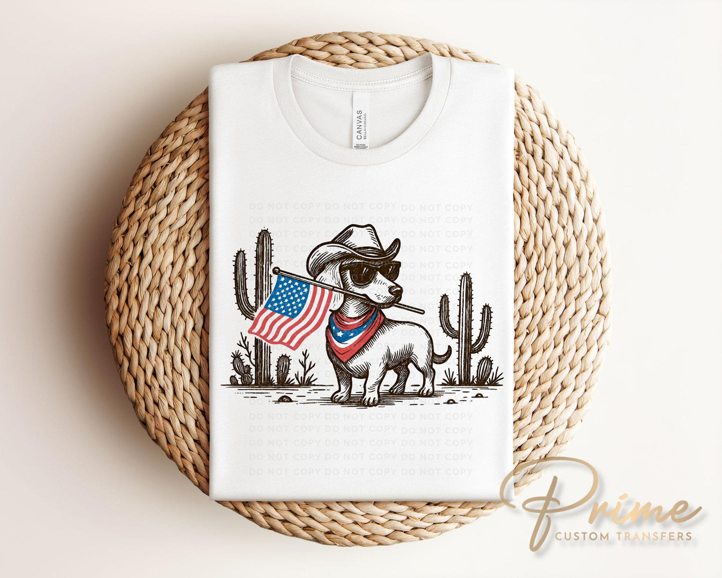 Patriotic Dachshund DTF Transfer, Western Cowboy, 4th of July Tshirt Design