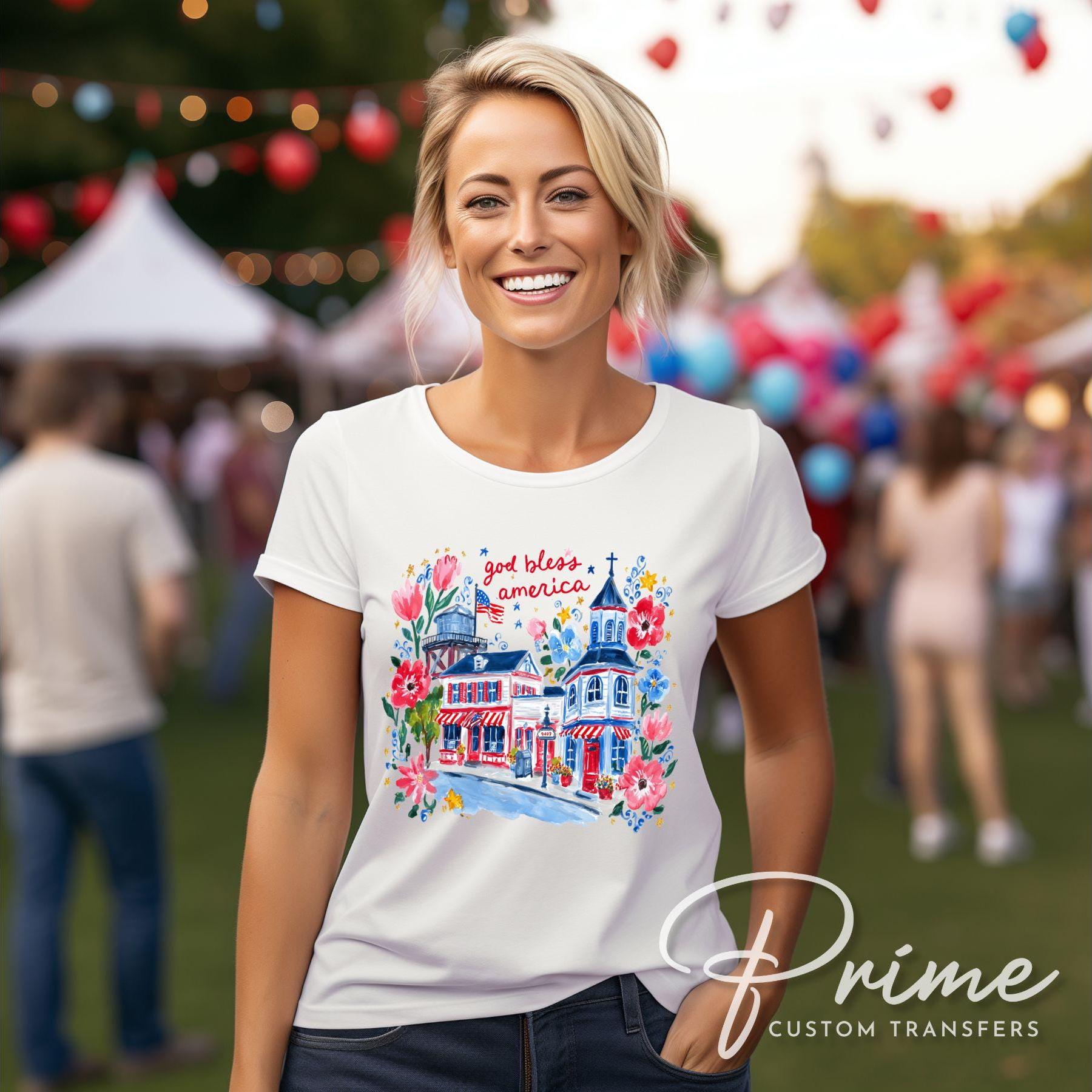 God Bless America DTF Transfer, Patriotic Small Town, 4th of July Tshirt Design