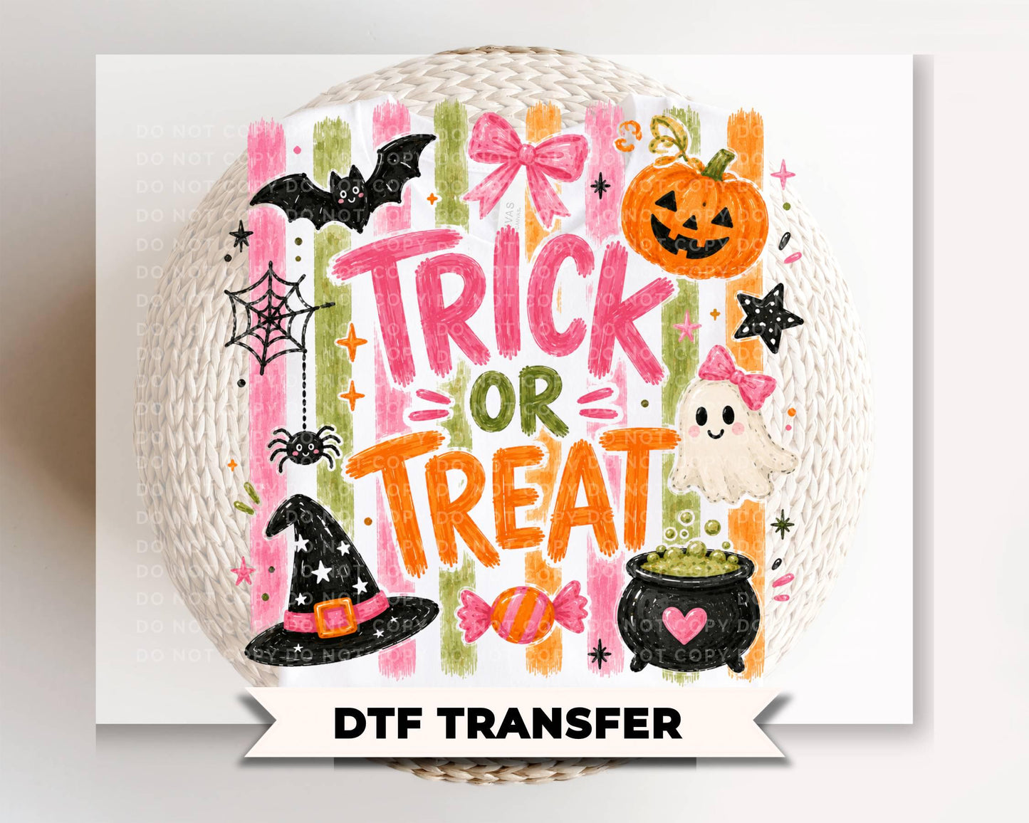 Trick or Treat DTF Transfer, Ready to Press, Trendy Striped Halloween Tshirt Design