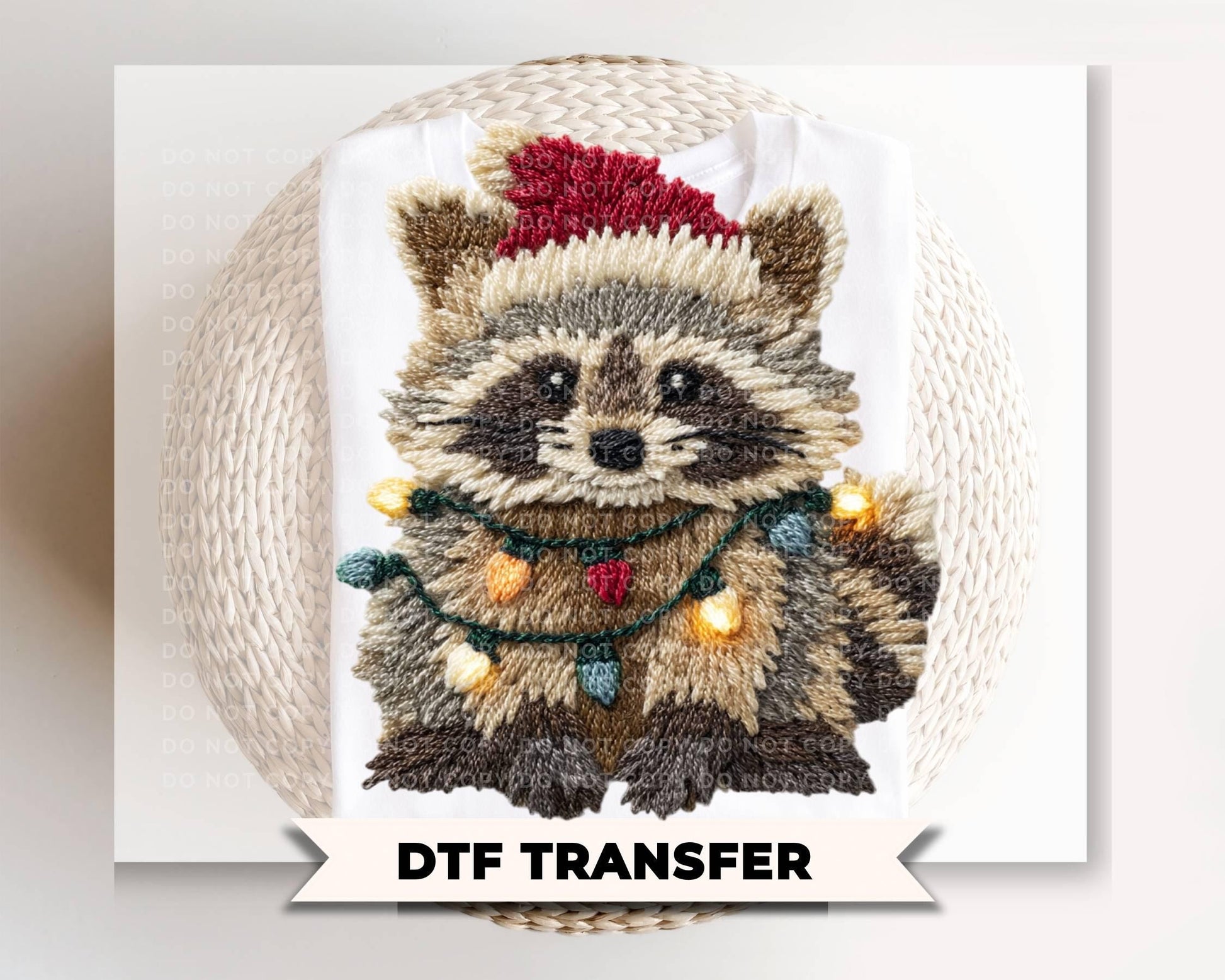 Faux Latch Hook Feral Raccoon DTF Transfer, Ready to Press, Christmas Tshirt Design