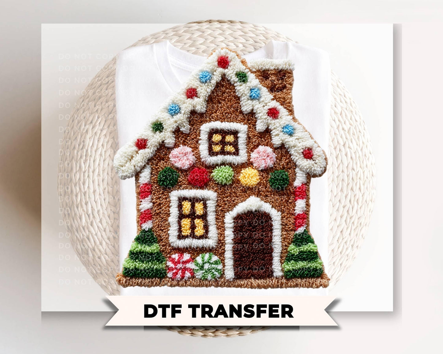 Faux Latch Hook Gingerbread House DTF Transfer, Ready to Press, Christmas Tshirt Design