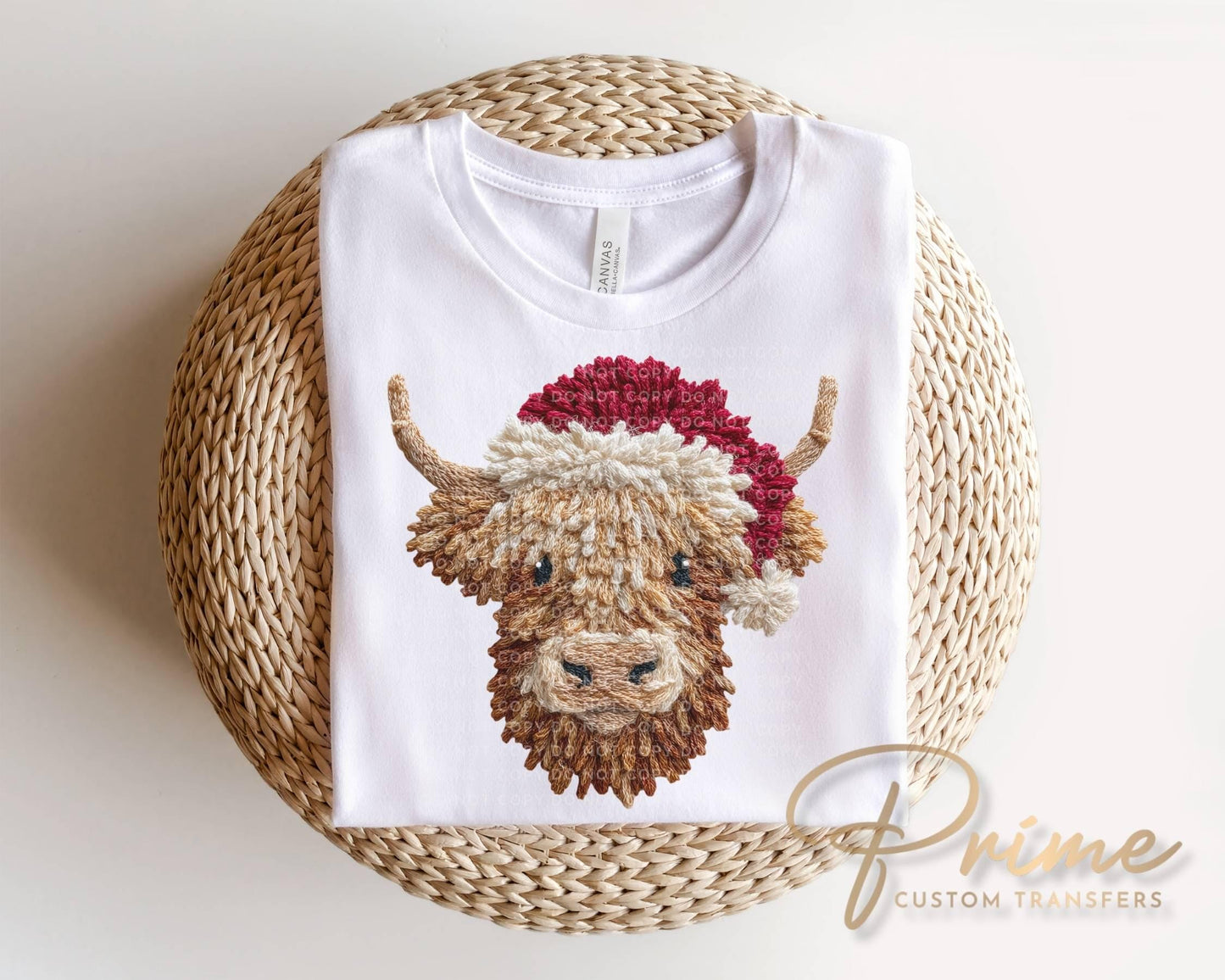Faux Latch Hook Highland Cow DTF Transfer, Ready to Press, Christmas Tshirt Design