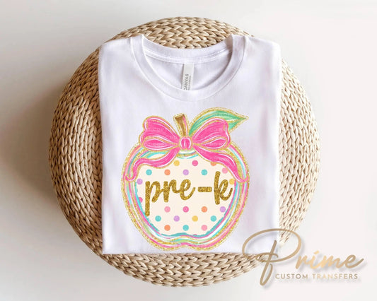 Pre-K Preppy Back to School DTF Transfer, Ready to Press, Coquette First Day of School Tshirt Design