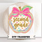 Second Grade Preppy Back to School DTF Transfer, Ready to Press, Coquette First Day of School Tshirt Design