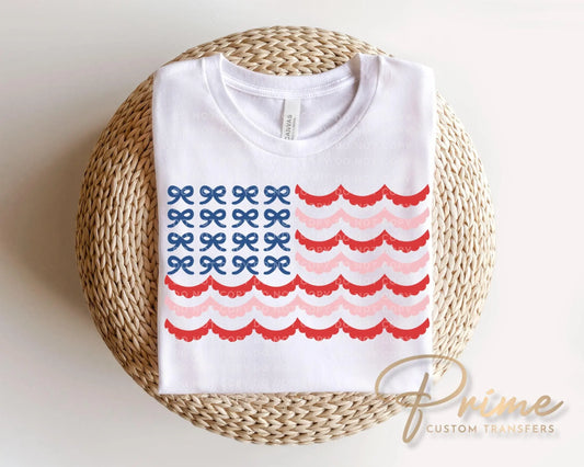 Bow Scalloped American Flag DTF Transfer, Ready to Press, 4th of July Tshirt Design