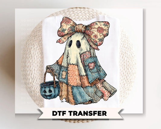 Patchwork Ghost DTF Transfer, Ready to Press, Trendy Halloween Tshirt Design