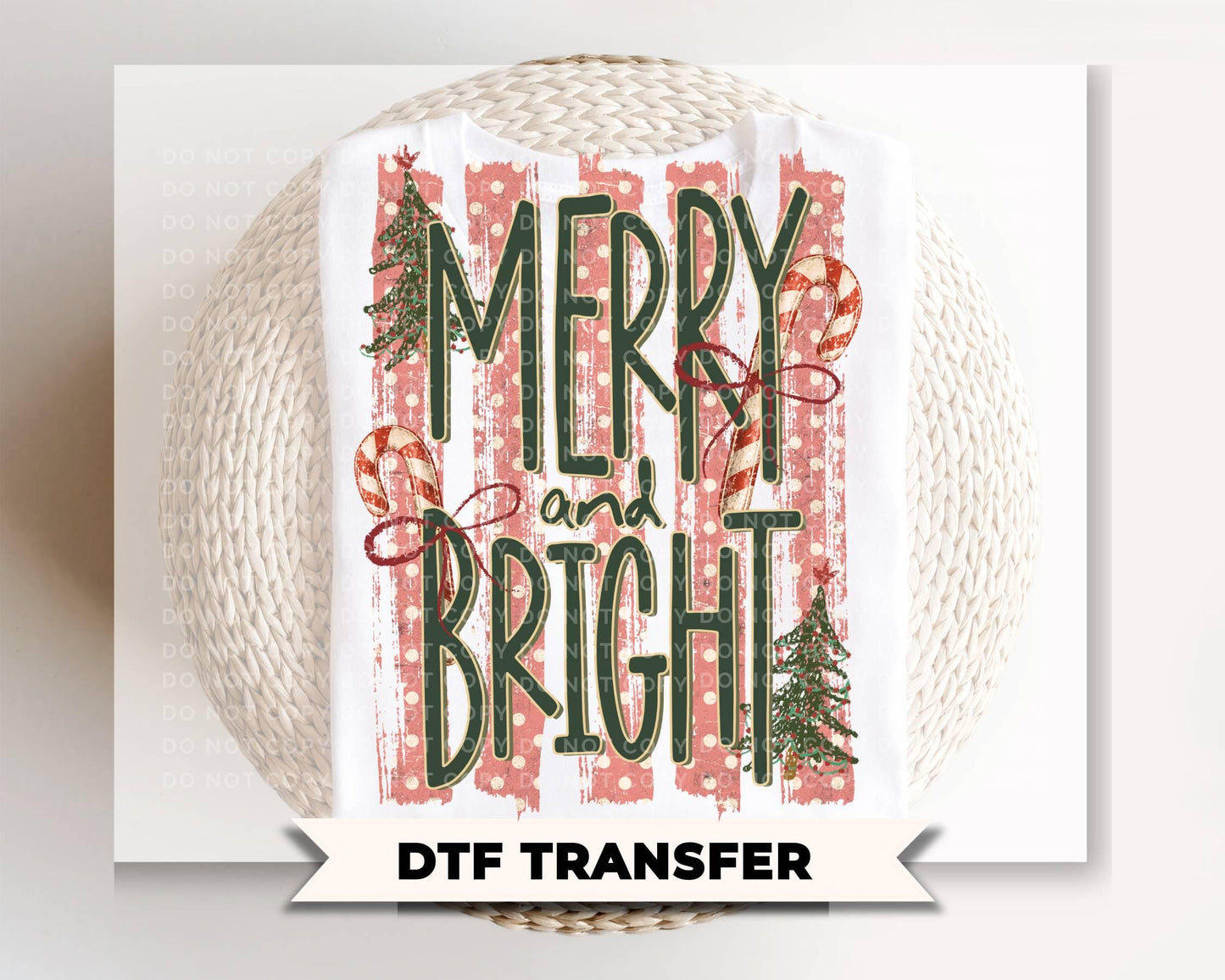 Merry and Bright DTF Transfer, Ready to Press, Trendy Stripes Christmas Tshirt Design
