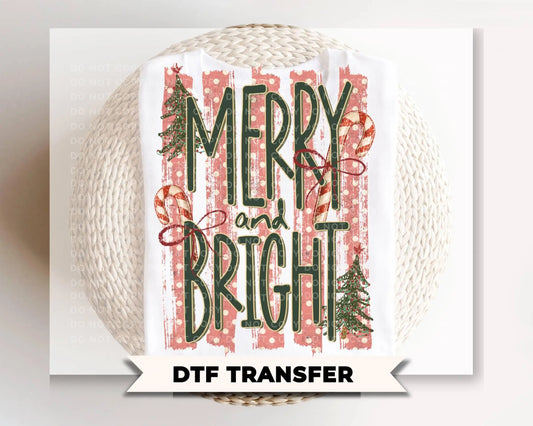 Merry and Bright DTF Transfer, Ready to Press, Trendy Stripes Christmas Tshirt Design