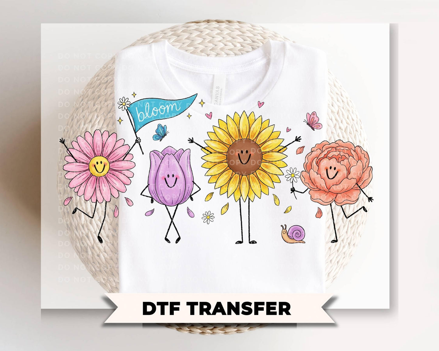Happy Flower Doodles DTF Transfer, Ready to Press, Spring T-shirt Design