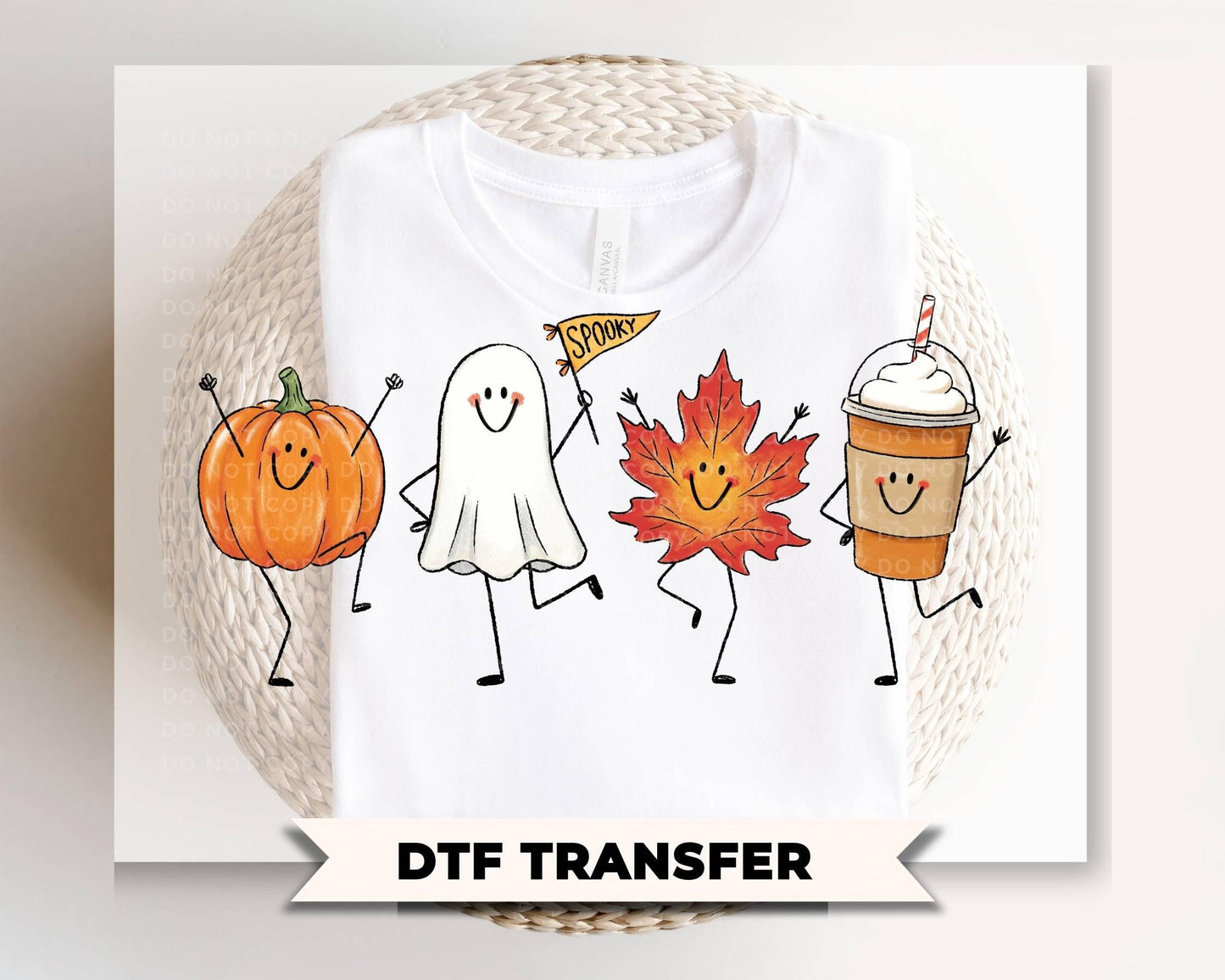 Fall Doodles DTF Transfer, Ready to Press, Leaf Ghost Pumpkin Latte Characters
