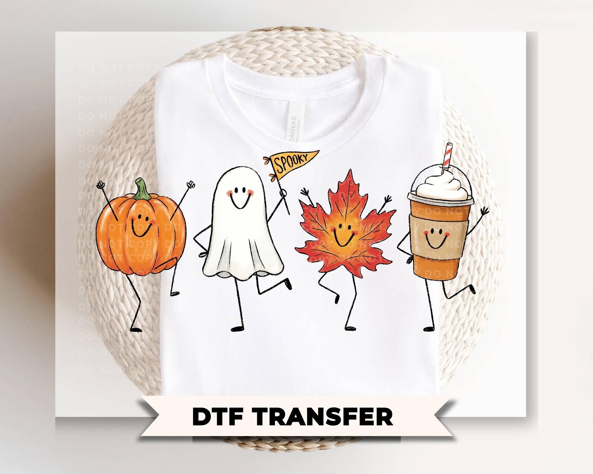 Fall Doodles DTF Transfer, Ready to Press, Leaf Ghost Pumpkin Latte Characters