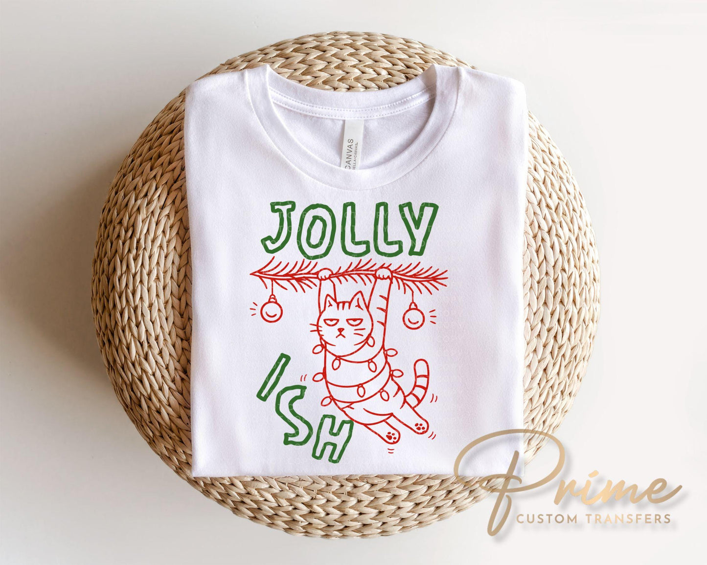 Jollyish Cat DTF Transfer, Ready to Press, Funny Christmas Tshirt Design