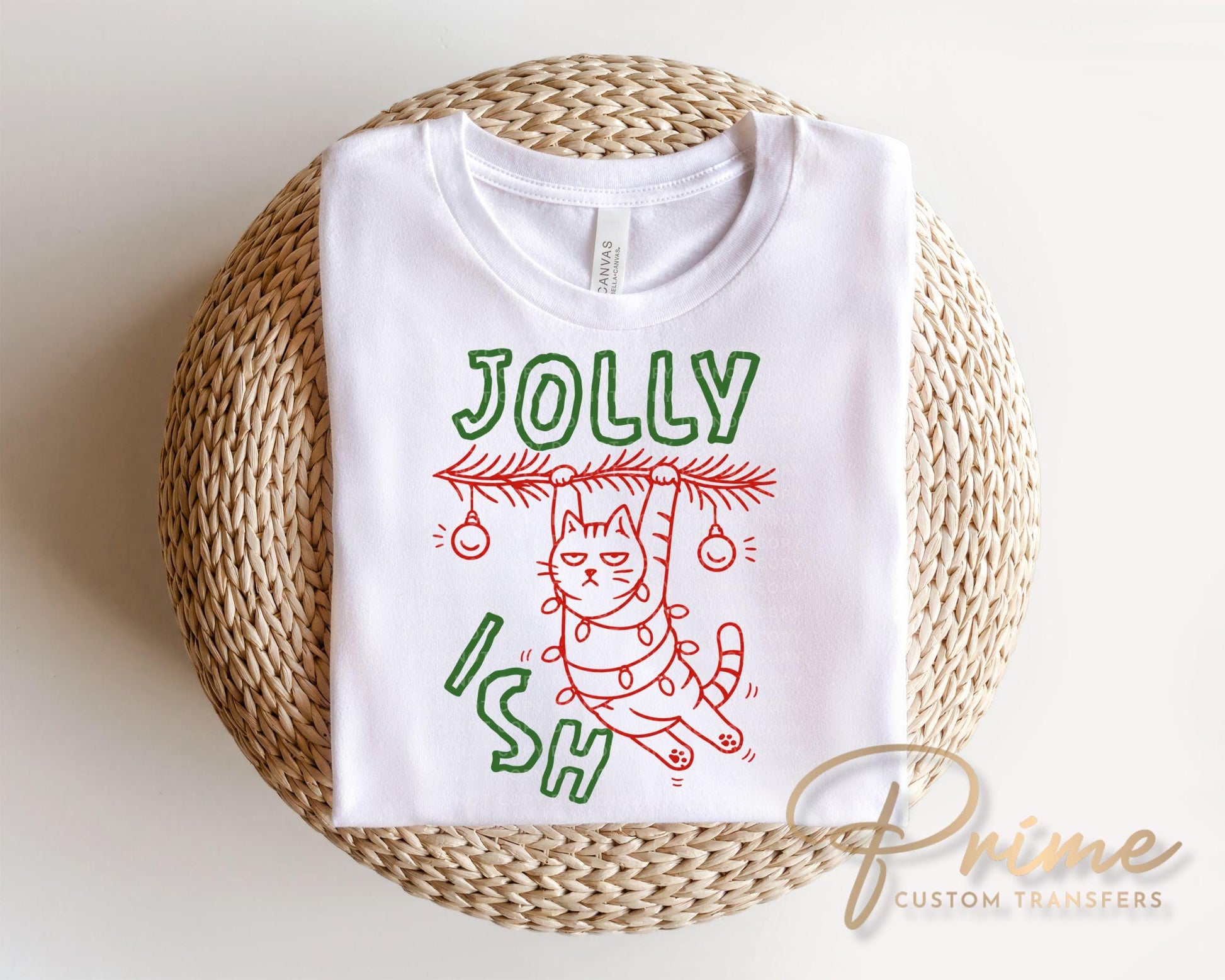 Jollyish Cat DTF Transfer, Ready to Press, Funny Christmas Tshirt Design