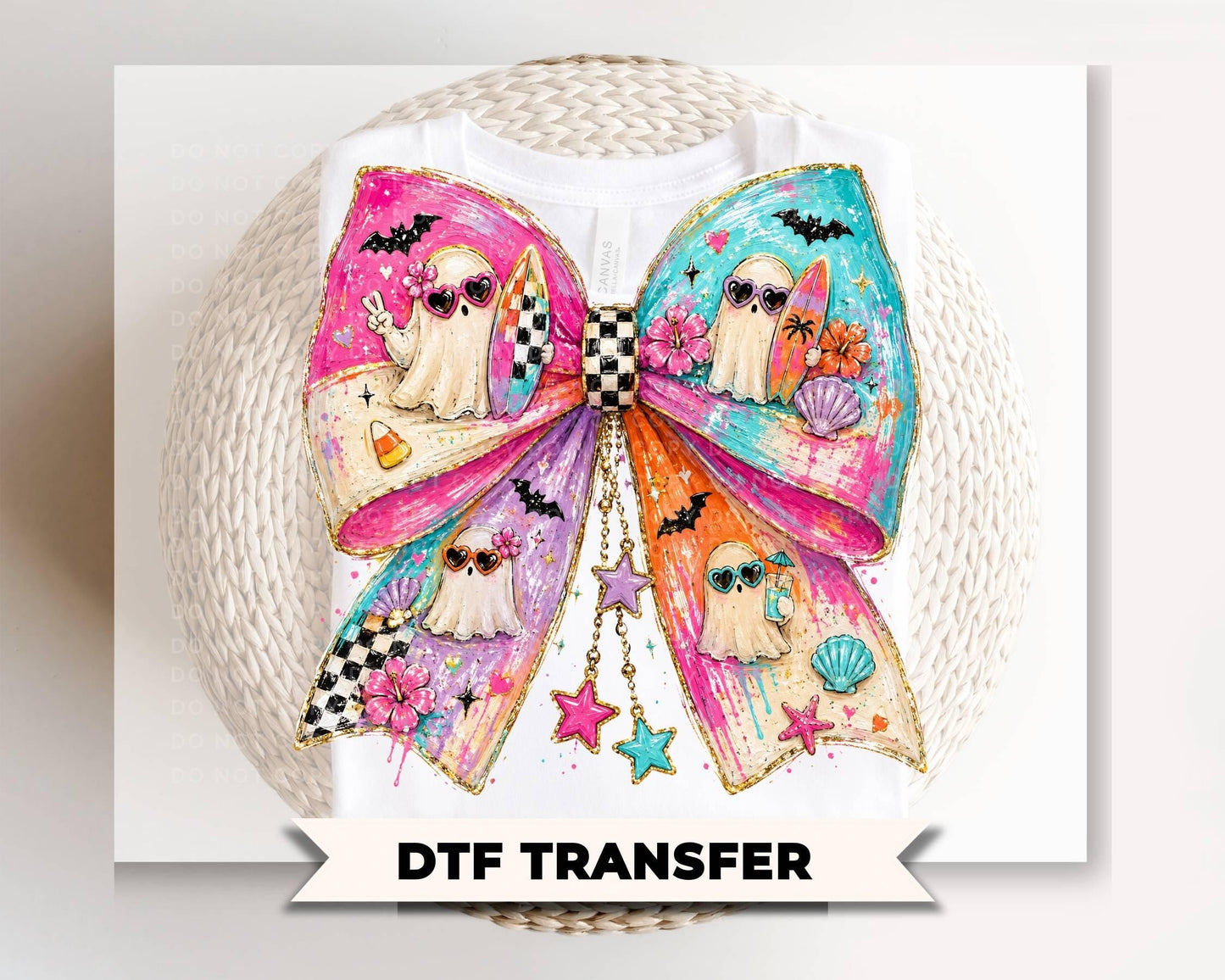 Summerween Ghost Bow DTF Transfer, Ready to Press, Beach Halloween Tshirt Design