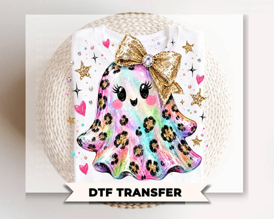 Neon Leopard Ghost DTF Transfer, Ready to Press, Preppy Halloween Tshirt Design