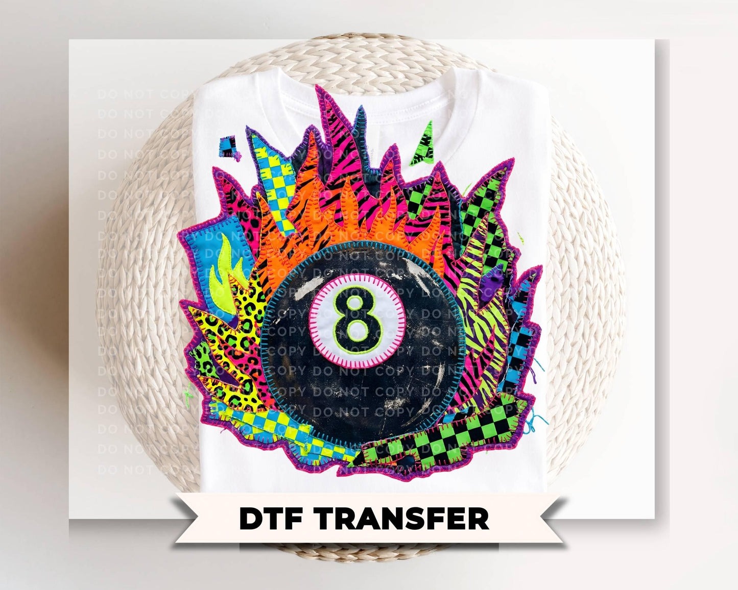 Patchwork 8 Ball DTF transfer, Ready to Press, Trendy Neon Tshirt Design