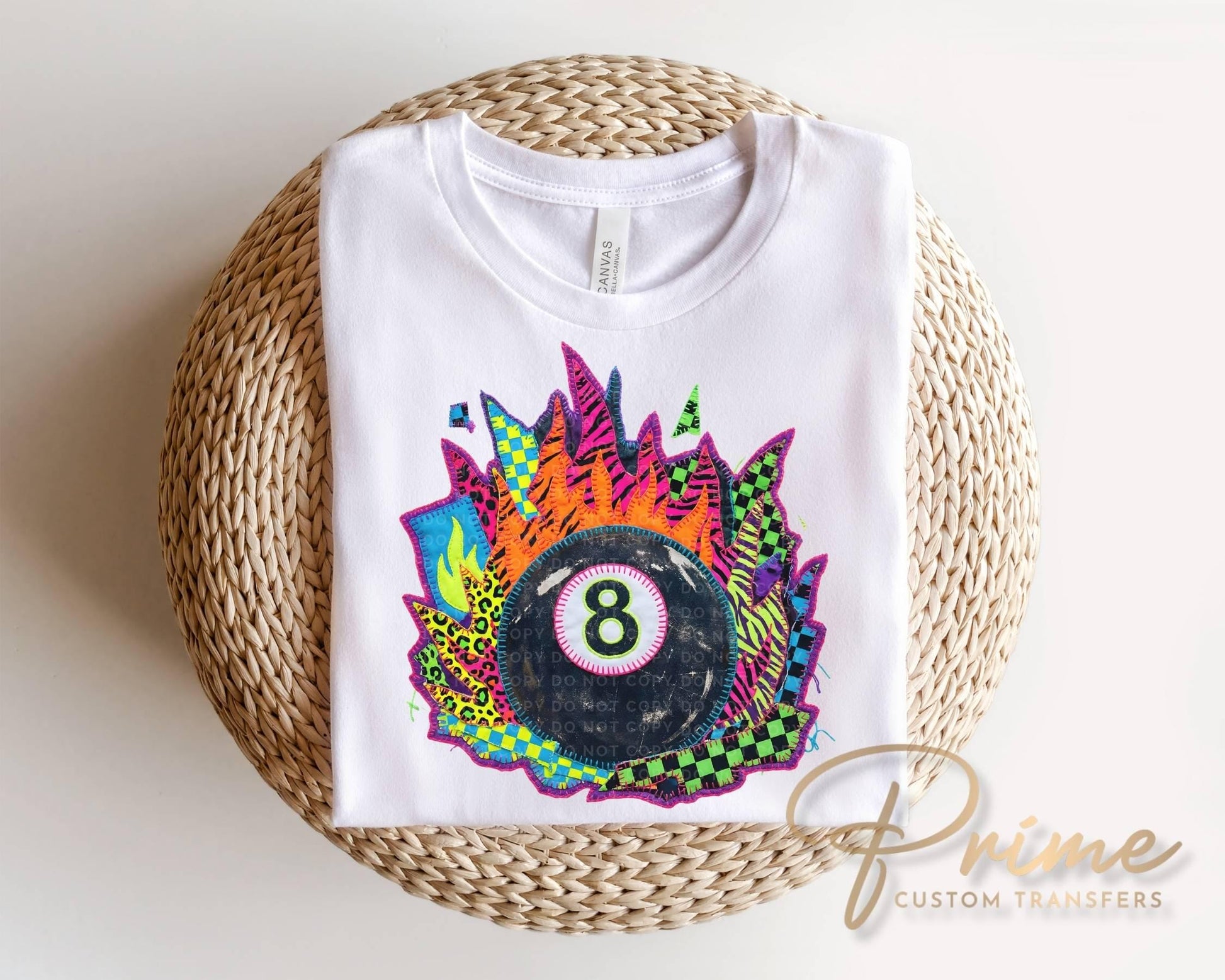 Patchwork 8 Ball DTF transfer, Ready to Press, Trendy Neon Tshirt Design