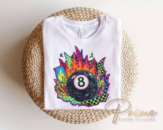 Patchwork 8 Ball DTF transfer, Ready to Press, Trendy Neon Tshirt Design