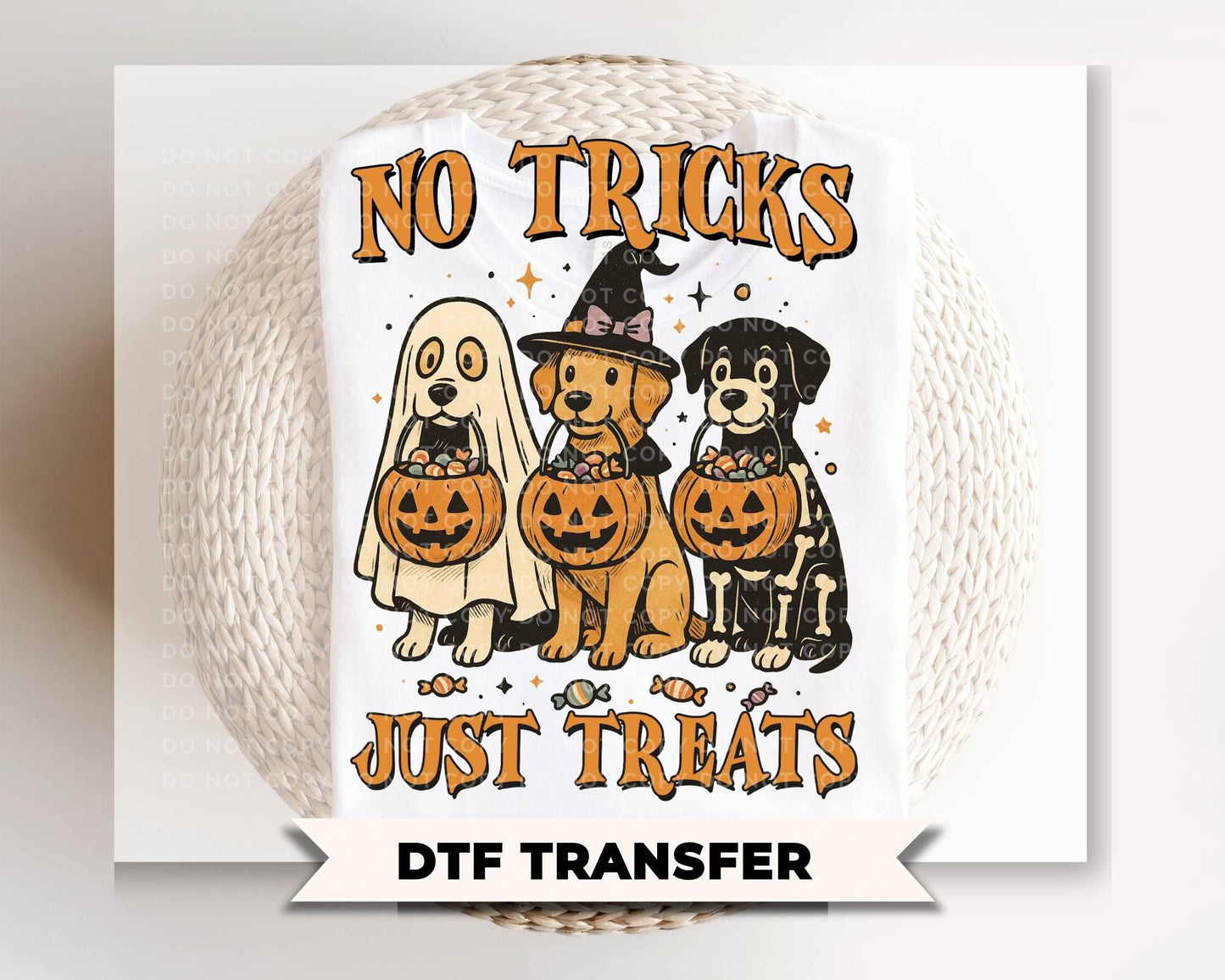 No Tricks Just Treats DTF Transfer, Ready to Press, Halloween Dogs T-shirt Designs