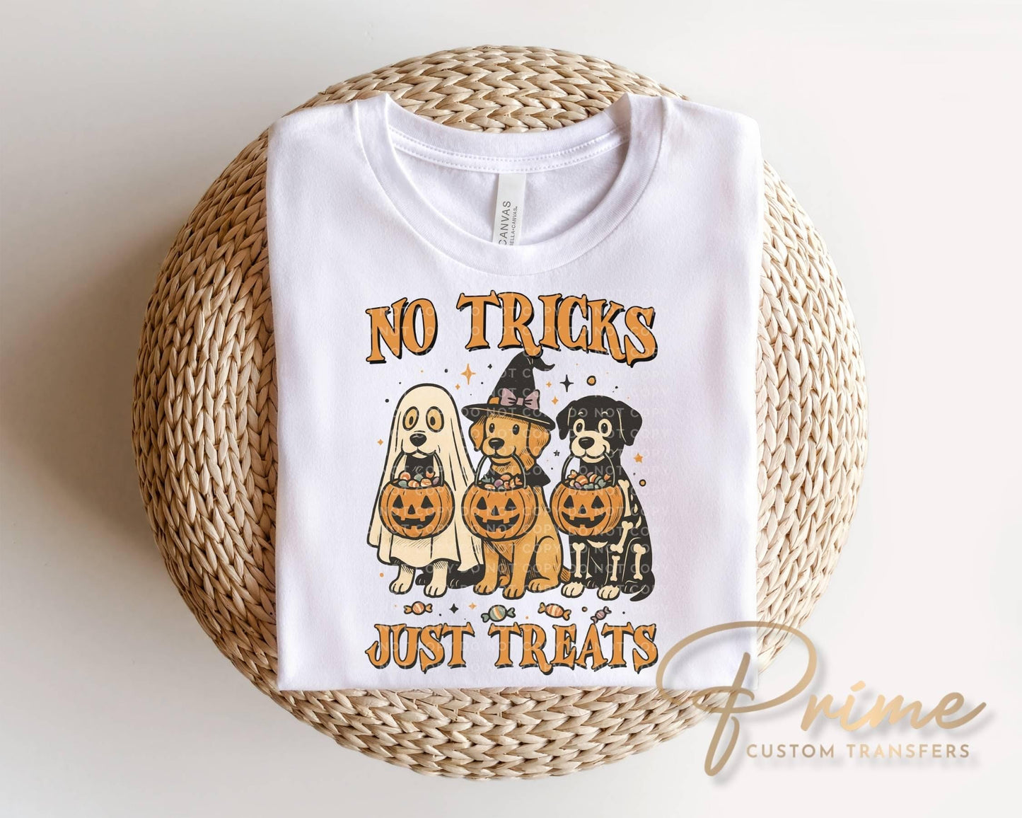 No Tricks Just Treats DTF Transfer, Ready to Press, Halloween Dogs T-shirt Designs