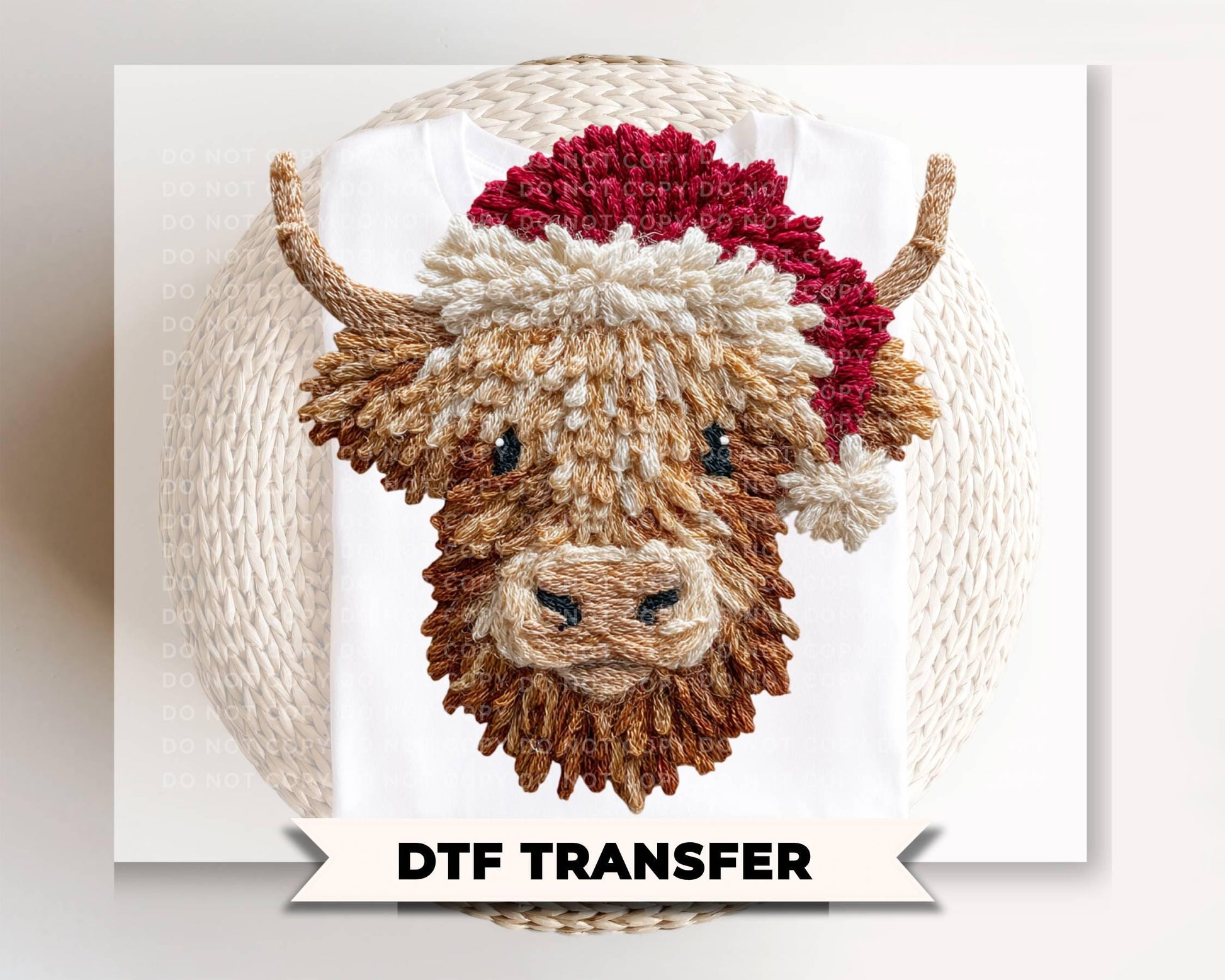 Faux Latch Hook Highland Cow DTF Transfer, Ready to Press, Christmas Tshirt Design