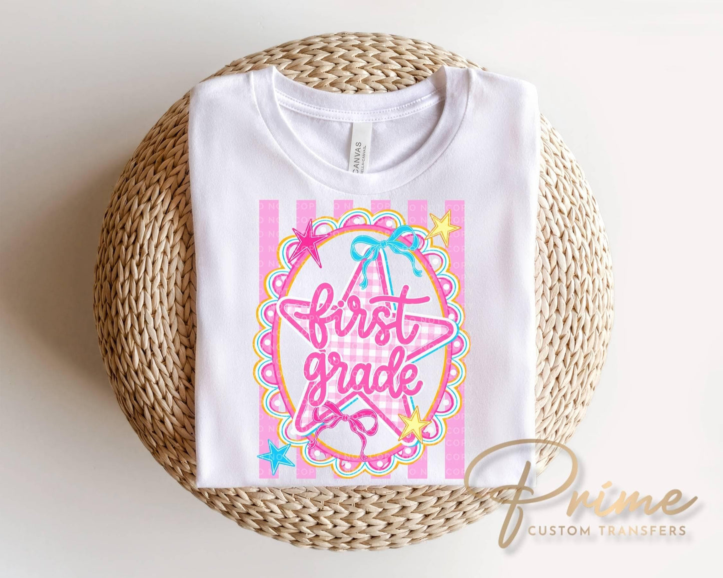Back to School First Grade DTF Transfer, Ready to Press, Pink Gingham First Day of School Tshirt Design