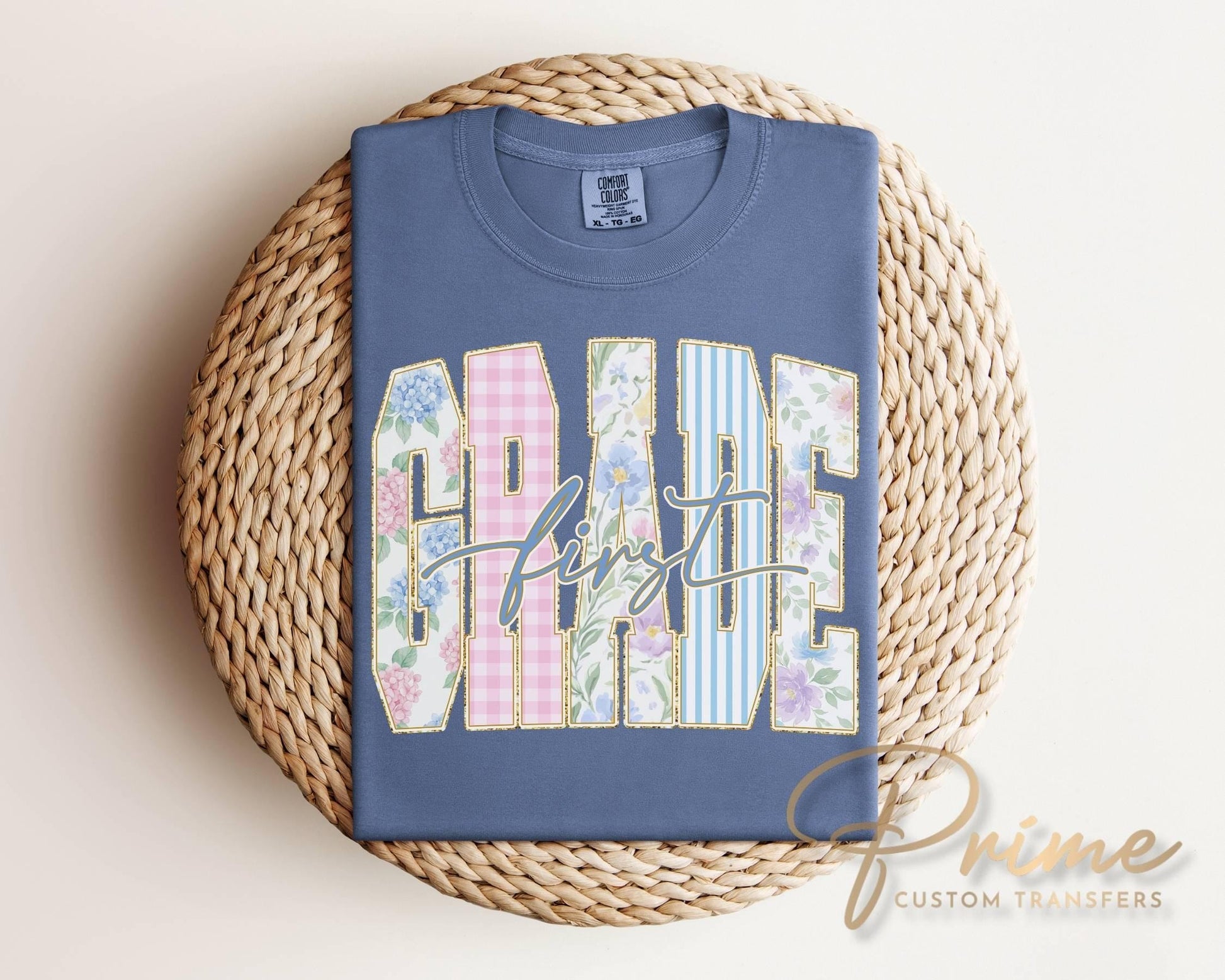 Back to School First Grade DTF Transfer, Ready to Press, Striped Floral Coquette, First Day of School Tshirt Design