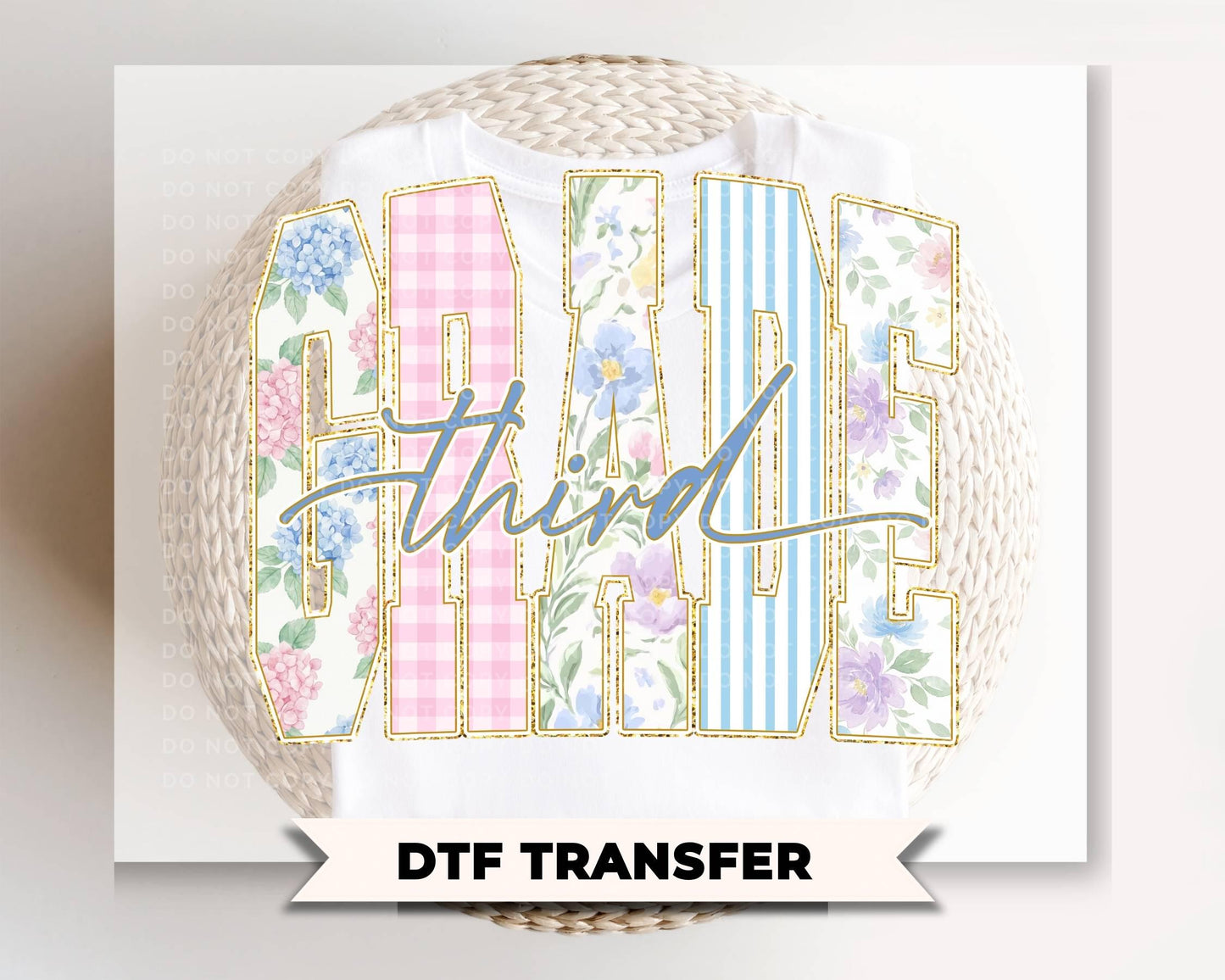 Back to School Third Grade DTF Transfer, Ready to Press, Striped Floral Coquette, First Day of School Tshirt Design