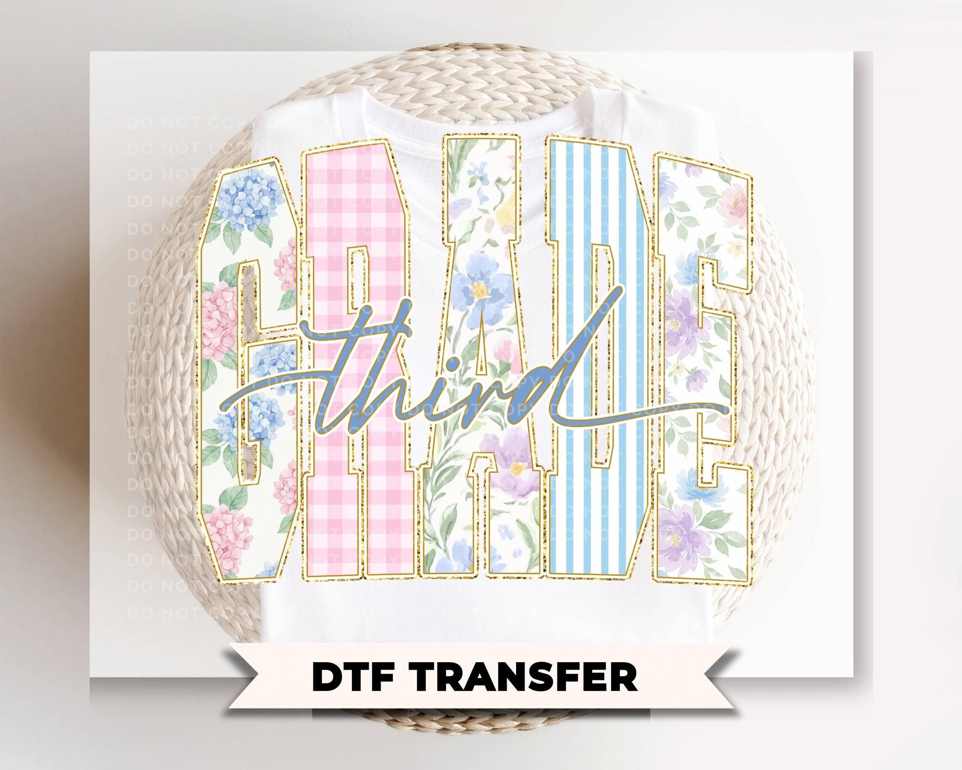 Back to School Third Grade DTF Transfer, Ready to Press, Striped Floral Coquette, First Day of School Tshirt Design