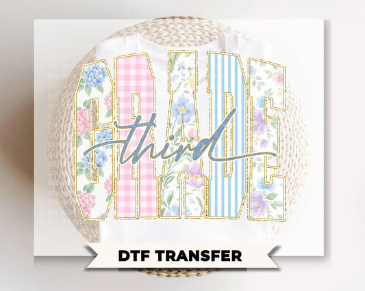 Back to School Third Grade DTF Transfer, Ready to Press, Striped Floral Coquette, First Day of School Tshirt Design