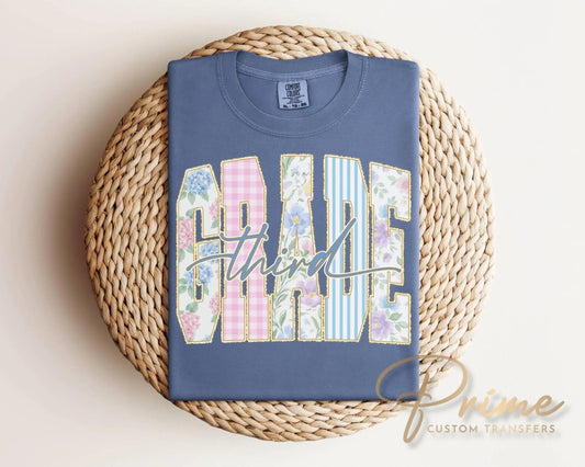 Back to School Third Grade DTF Transfer, Ready to Press, Striped Floral Coquette, First Day of School Tshirt Design