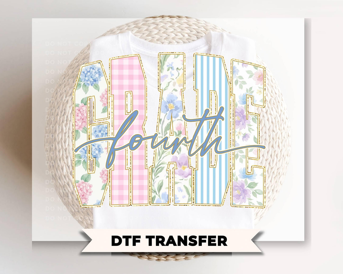 Back to School Fourth Grade DTF Transfer, Ready to Press, Striped Floral Coquette, First Day of School Tshirt Design