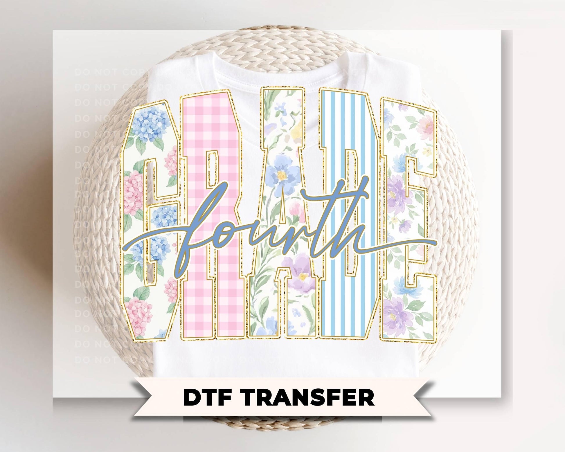 Back to School Fourth Grade DTF Transfer, Ready to Press, Striped Floral Coquette, First Day of School Tshirt Design