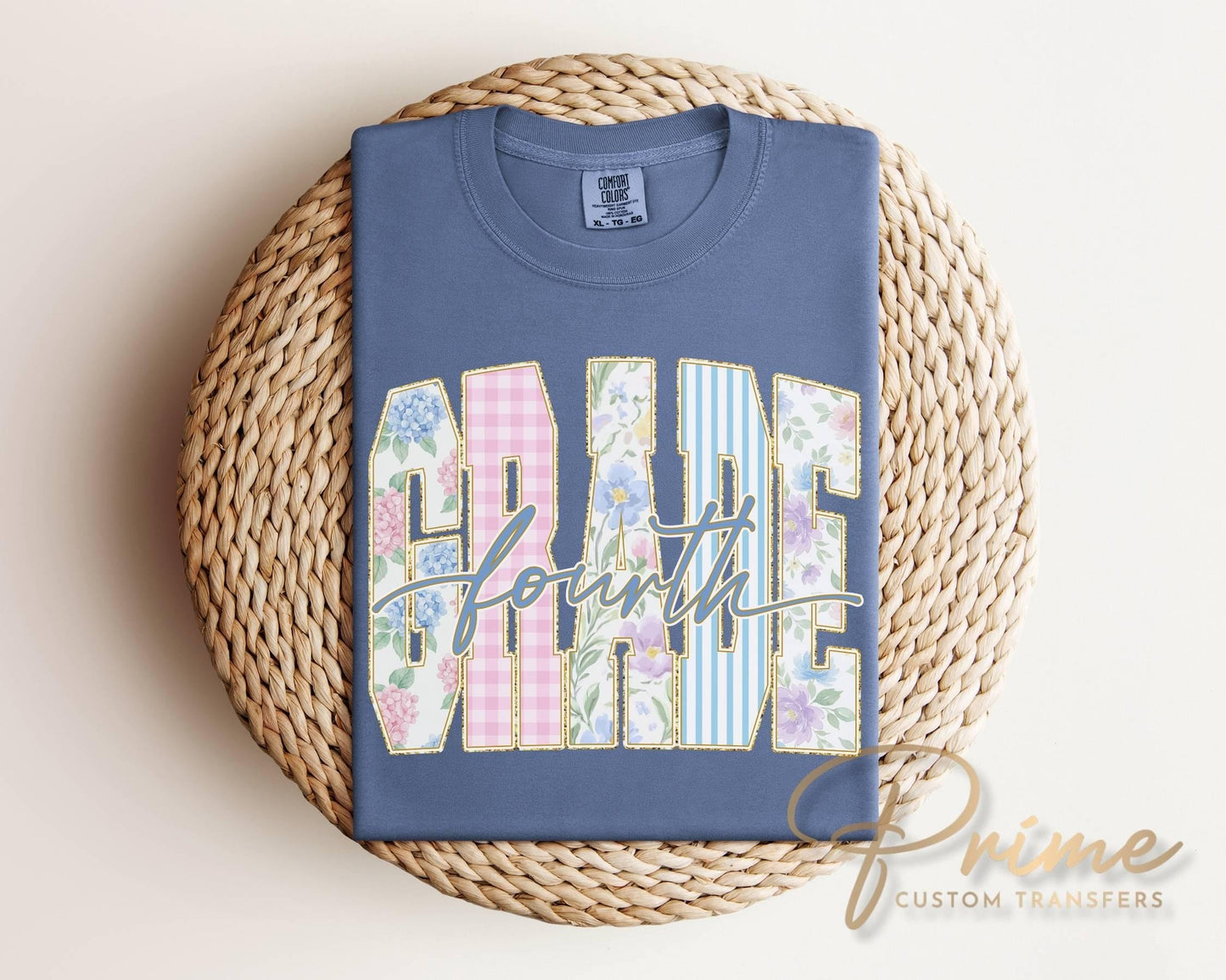 Back to School Fourth Grade DTF Transfer, Ready to Press, Striped Floral Coquette, First Day of School Tshirt Design