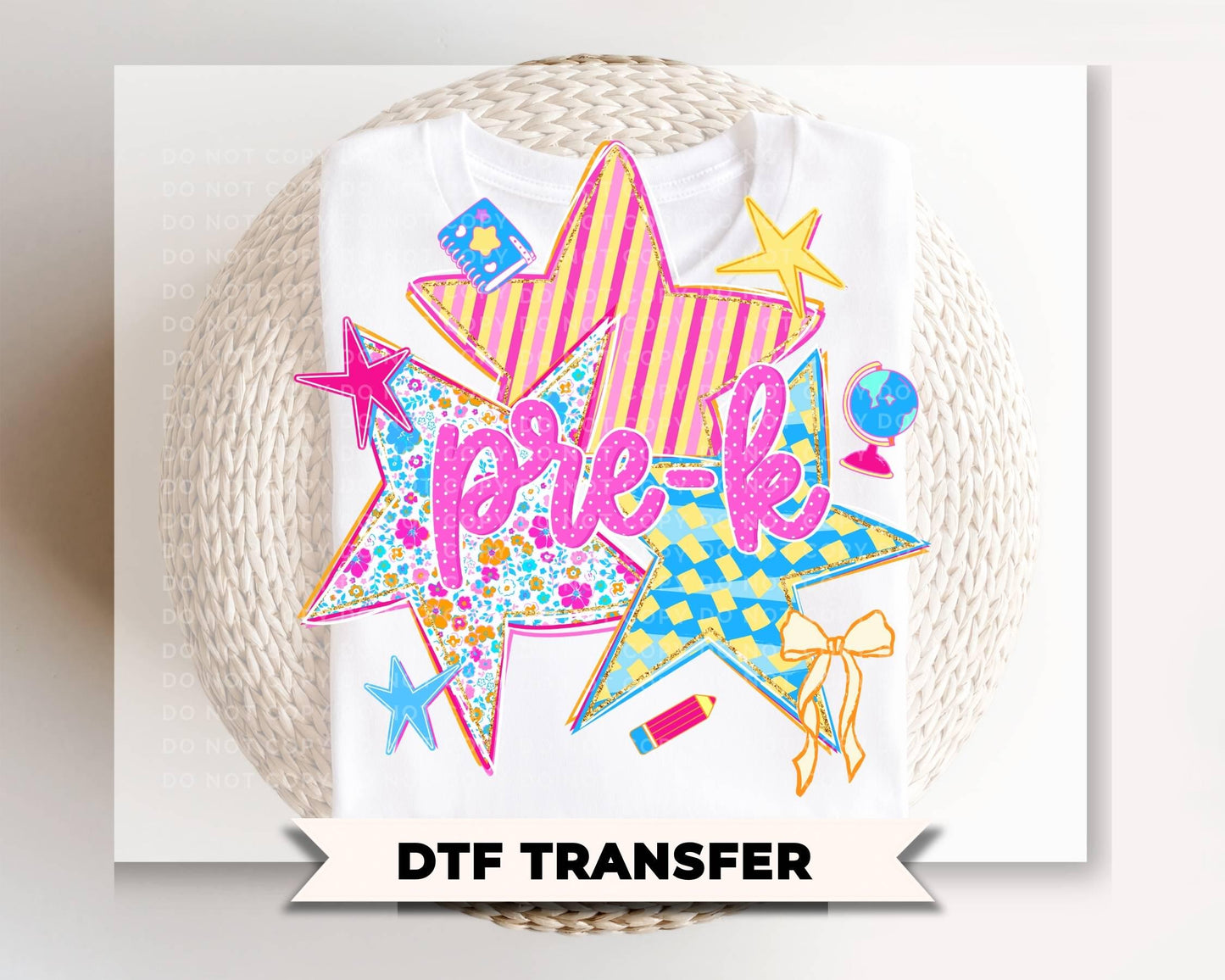 Back to School Pre K DTF Transfer, Ready to Press, Preppy Stars First Day of School Tshirt Design