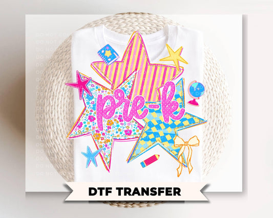 Back to School Pre K DTF Transfer, Ready to Press, Preppy Stars First Day of School Tshirt Design
