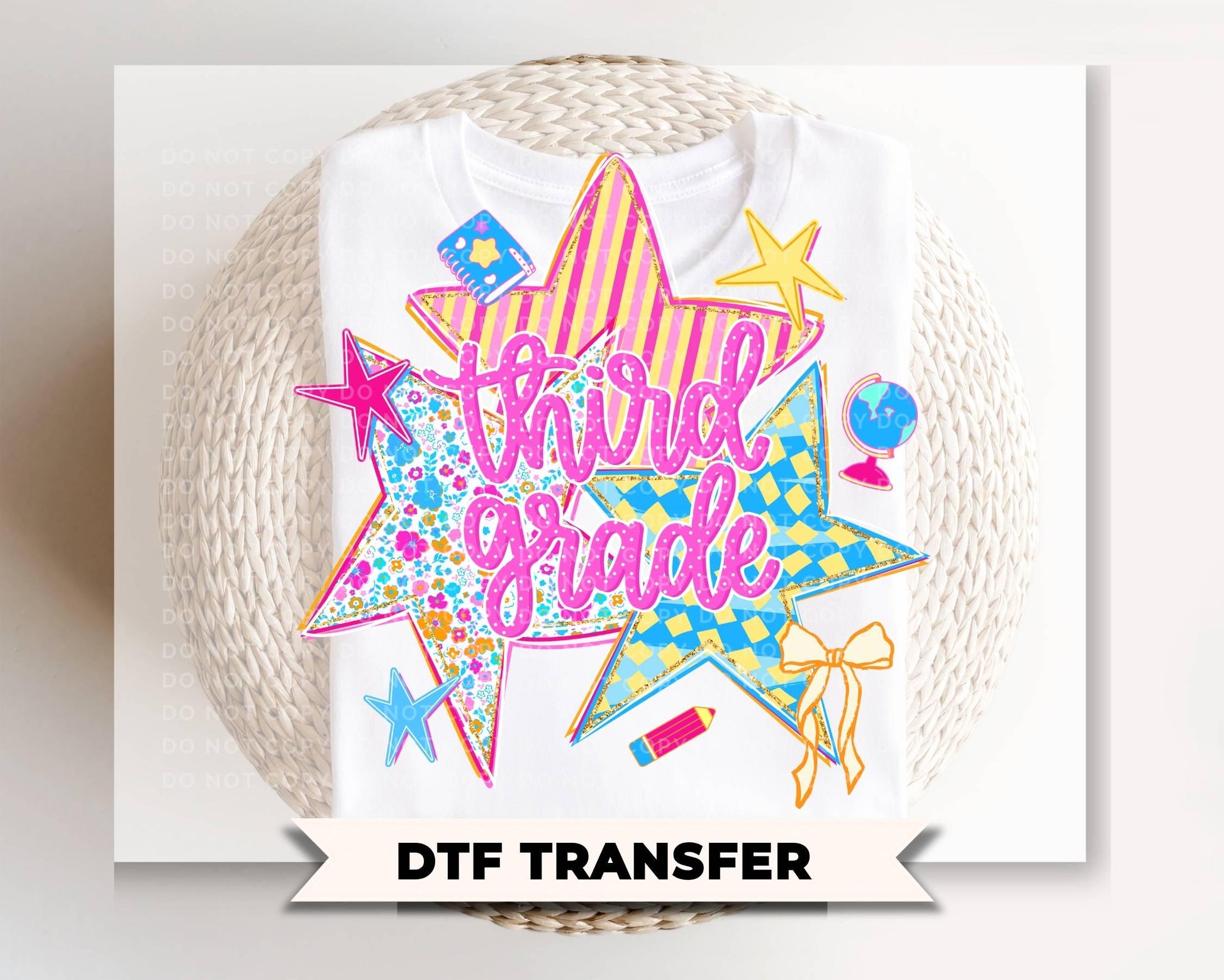 Back to School Third Grade DTF Transfer, Ready to Press, Preppy Stars First Day of School Tshirt Design