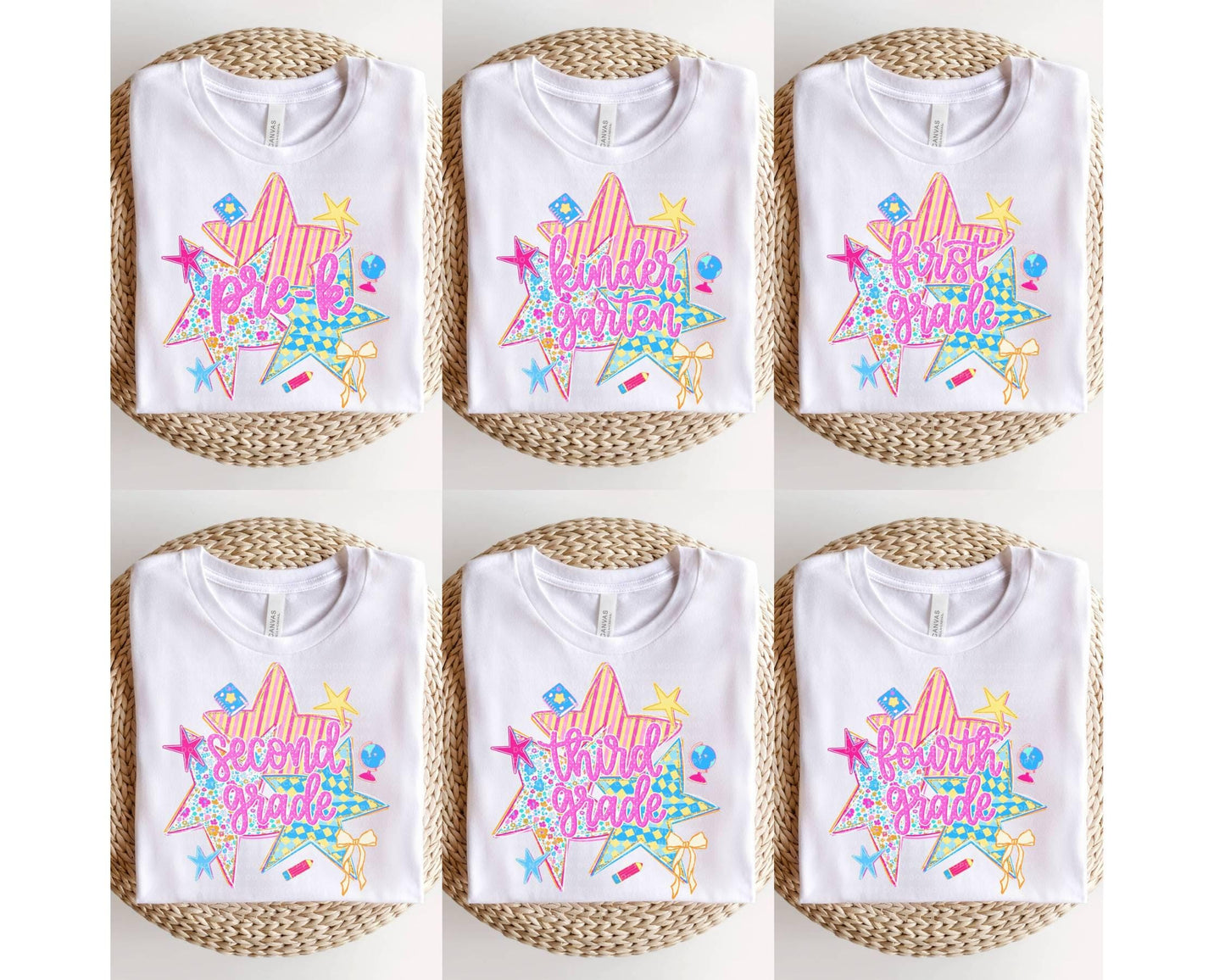Back to School Grades DTF Transfer, Ready to Press, Preppy Stars First Day of School Tshirt Design, Pre-K Kindergarten - Fifth