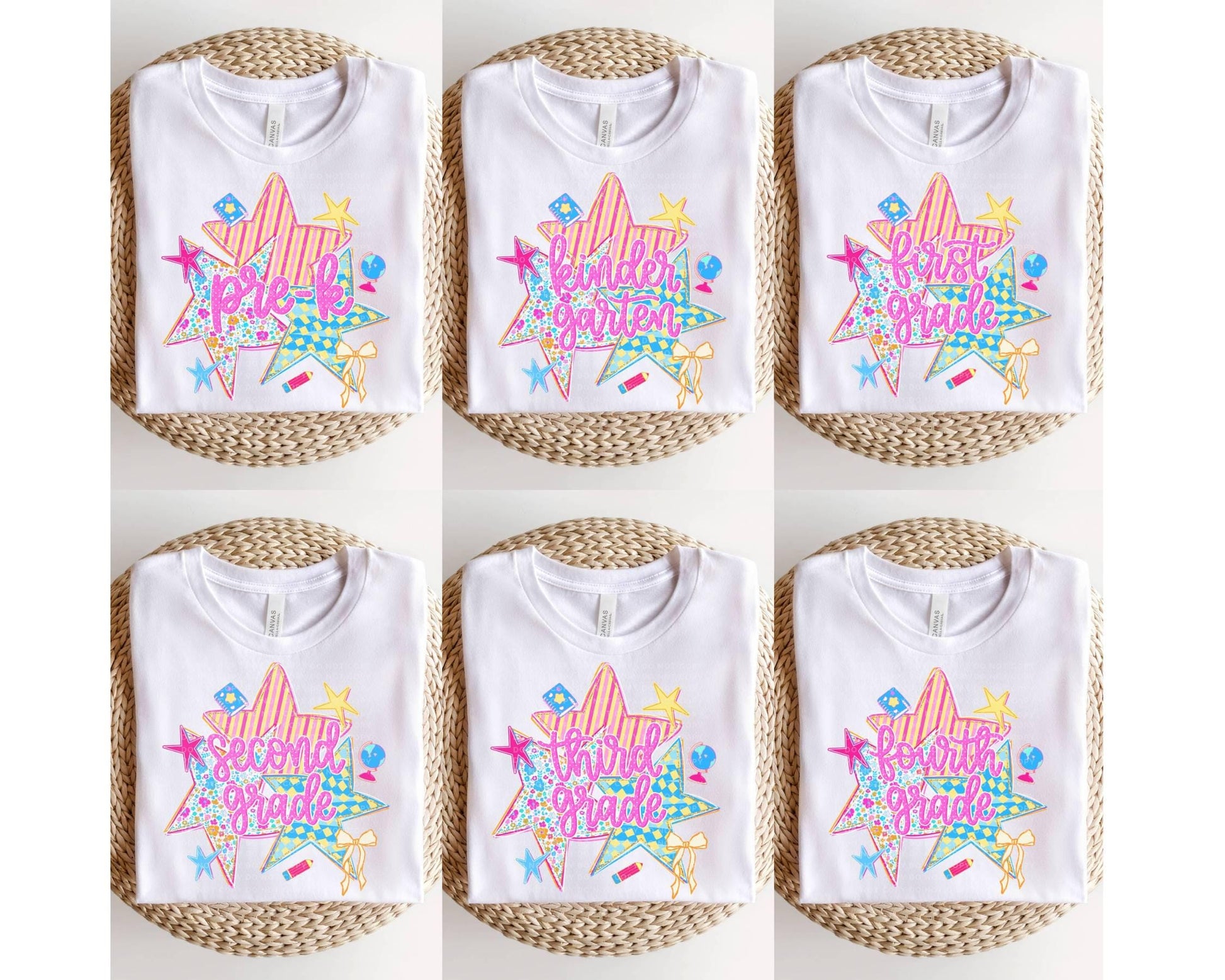Back to School Grades DTF Transfer, Ready to Press, Preppy Stars First Day of School Tshirt Design, Pre-K Kindergarten - Fifth