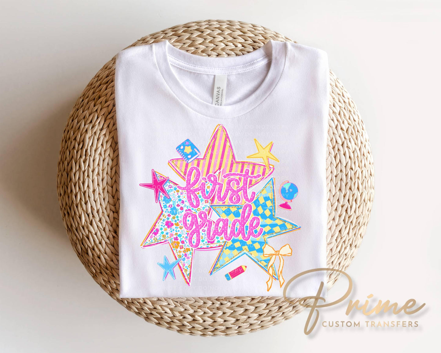 Back to School Grades DTF Transfer, Ready to Press, Preppy Stars First Day of School Tshirt Design, Pre-K Kindergarten - Fifth