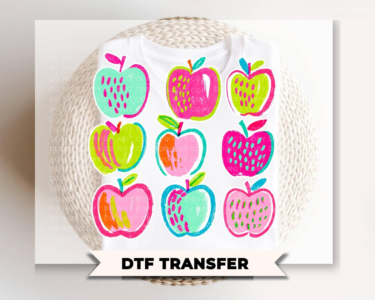 Back to School Preppy Apples DTF Transfer, Neon Apple, Ready to Press Teacher Tshirt Design